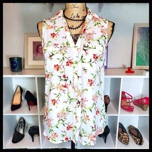 NY&Co Floral Sleeveless Button Down Blouse Collared Tank Top Medium